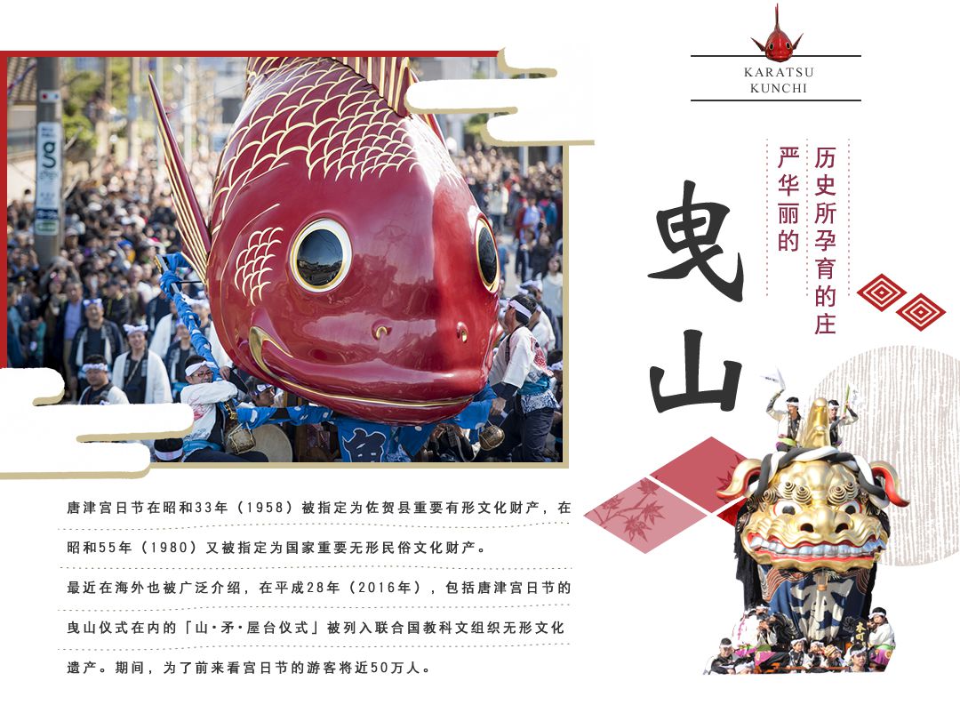 唐津宫日节在昭和33年（1958）被指定为佐贺县重要有形文化财产，在昭和55年（1980）又被指定为国家重要无形民俗文化财产。
最近在海外也经常受到介绍，为了看宫日节活动的客人每年都在增加，到了宫日节期间将会有超过50万人的客人前来。
