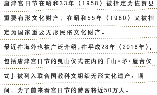 この『唐津くんち』は、昭和三十三年に佐賀県重要有形文化財、また昭和五十五年に国の重要無形民俗文化財に指定されました。最近では海外にも広く紹介されています。 くんち見物を目的とした観光客も年々増加しており、くんち期間中の人出は五十万人を超えています。 