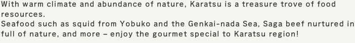 With warm climate and abundance of nature, Karatsu is a treasure trove of food resources.
Seafood such as squid from Yobuko and the Genkai-nada Sea, Saga beef nurtured in full of nature, and more – enjoy the gourmet special to Karatsu region!
