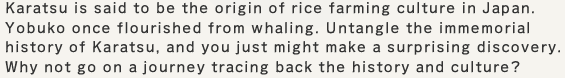 Karatsu is said to be the origin of rice farming culture in Japan. Yobuko once flourished from whaling. Untangle the immemorial history of Karatsu, and you just might make a surprising discovery. Why not go on a journey tracing back the history and culture?
