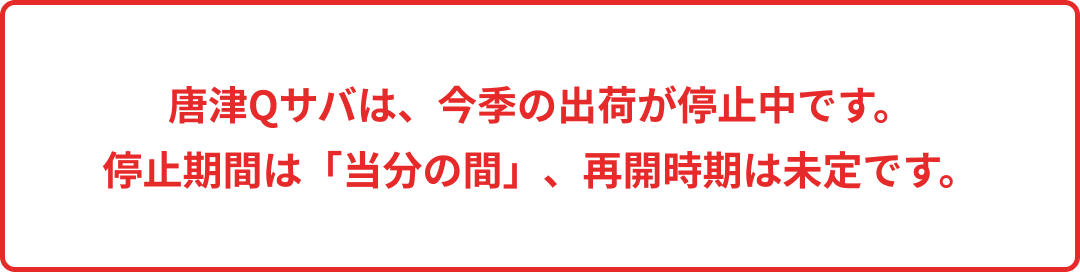 唐津Qサバは、今季の出荷が停止中です。停止期間は「当分の間」、再開時期は未定です。