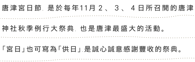 唐津神祭（からつくんち）は、唐津神社の秋季例大祭であり、一般に「からつくんち」と称される唐津地区最大の秋祭りです。「供日」と書き「くんち」と読まれることから収穫感謝の意が
こめられているお祭りです。